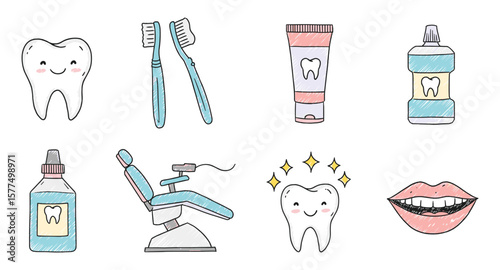 Cute hand drawn dental icons: toothbrushes, toothpaste, and dental chair designs