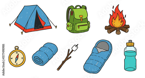 Camping essentials: tent, backpack, campfire, sleeping bag, and more in hand drawn style