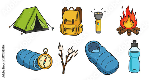 Camping equipment doodle set: tent, backpack, sleeping bag, campfire, and more