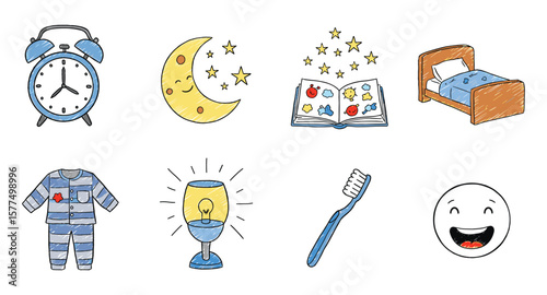 Whimsical bedtime icons: clock, moon, book, bed, pajamas, lamp, toothbrush, smile