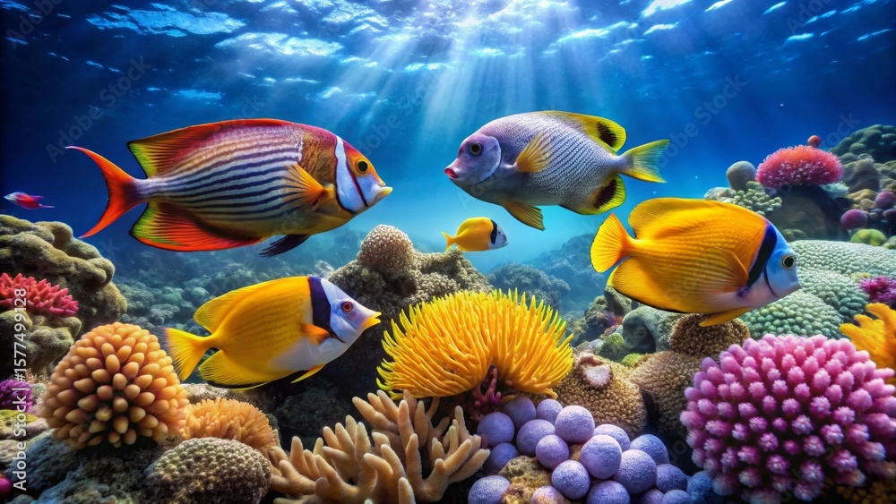 Fototapeta premium Vibrant Reef Ecosystem Showcases Colorful Fish and Coral Structures in Underwater Paradise
