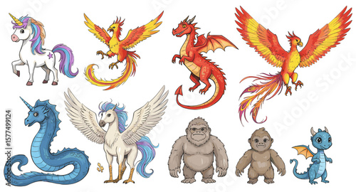 Mythical creatures collection featuring unicorns, dragons, and phoenix in colorful cartoon design