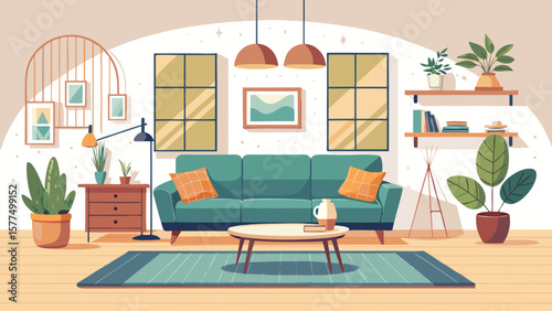 Cozy living room interior with teal sofa coffee table and plants