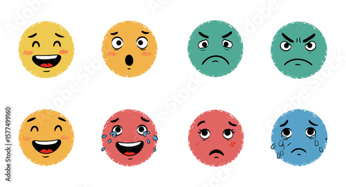 Colorful set of grunge style emoji faces showing various emotions