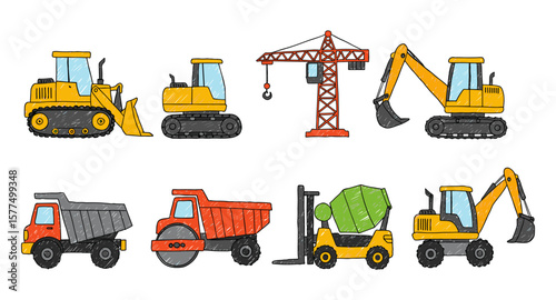 Colorful collection of hand-drawn construction vehicles for kids