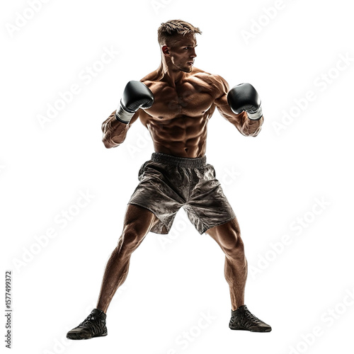 Front view of a kickboxer in action isolated on a white transparent background