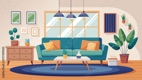 Cozy living room with teal sofa coffee table and plants