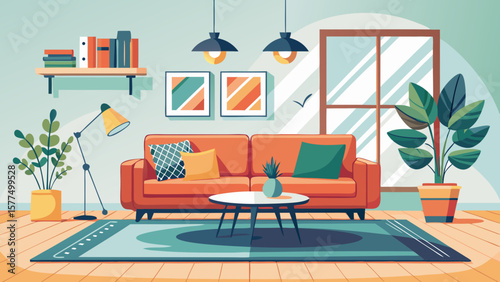 Cozy living room with orange sofa plants and modern decor