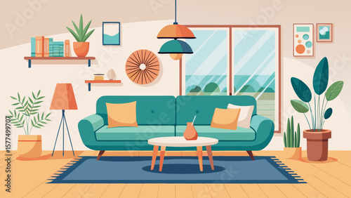 Cozy living room with teal sofa plants and large window overlooking nature