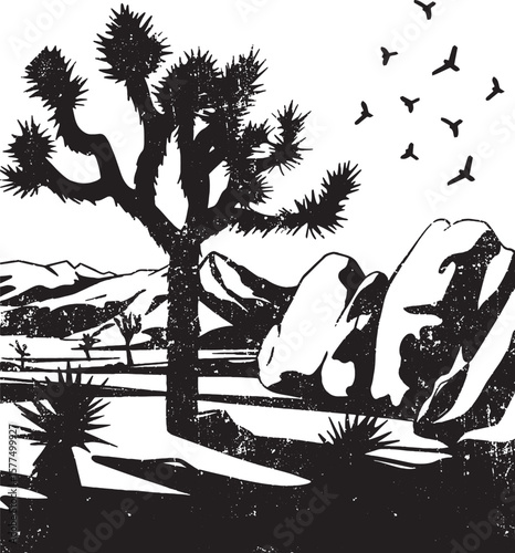 Wallpaper Mural Joshua Tree Silhouette with Desert Landscape and Birds vector illustration  Torontodigital.ca