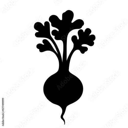 Minimalist black silhouette of celeriac with bulbous shape and leafy top on white background