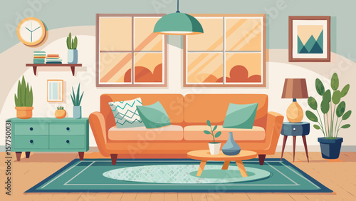 Cozy living room interior with orange sofa plants and warm lighting
