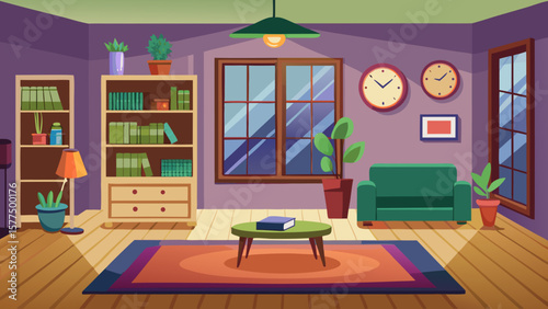 Cozy living room with bookshelves sofa coffee table and windows