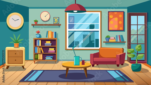 Cozy modern living room interior with armchair bookshelf and window view