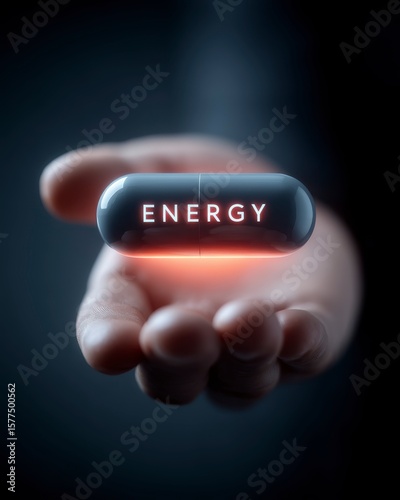 Woman Hand Reaching Out to Offer Energy Capsule in Dark Background