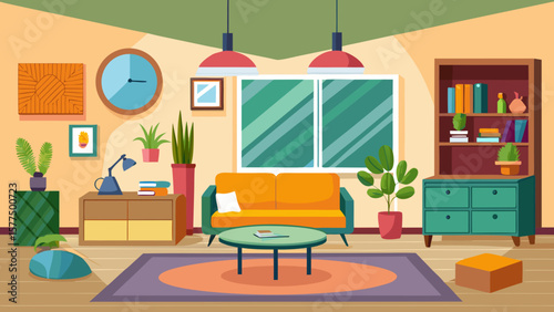 Cozy modern living room interior with orange sofa and plants