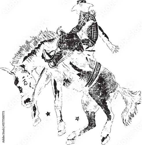 Cowboy riding a bucking bronco in a vintage style