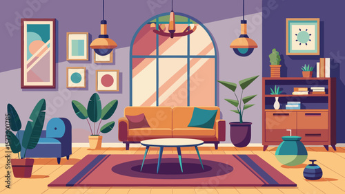 Cozy living room interior with modern furniture and plants on a sunny day