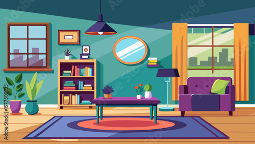 Cozy modern living room with purple armchair and cityscape view