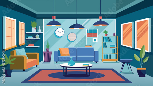 Modern living room interior with blue sofa and orange armchair