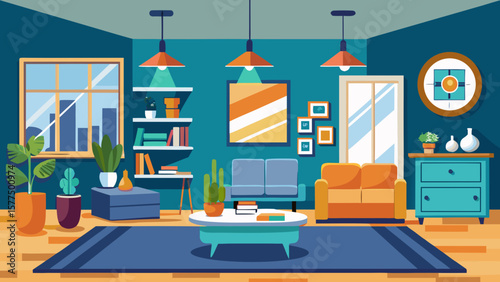 Modern living room interior with blue walls orange and blue sofas and plants