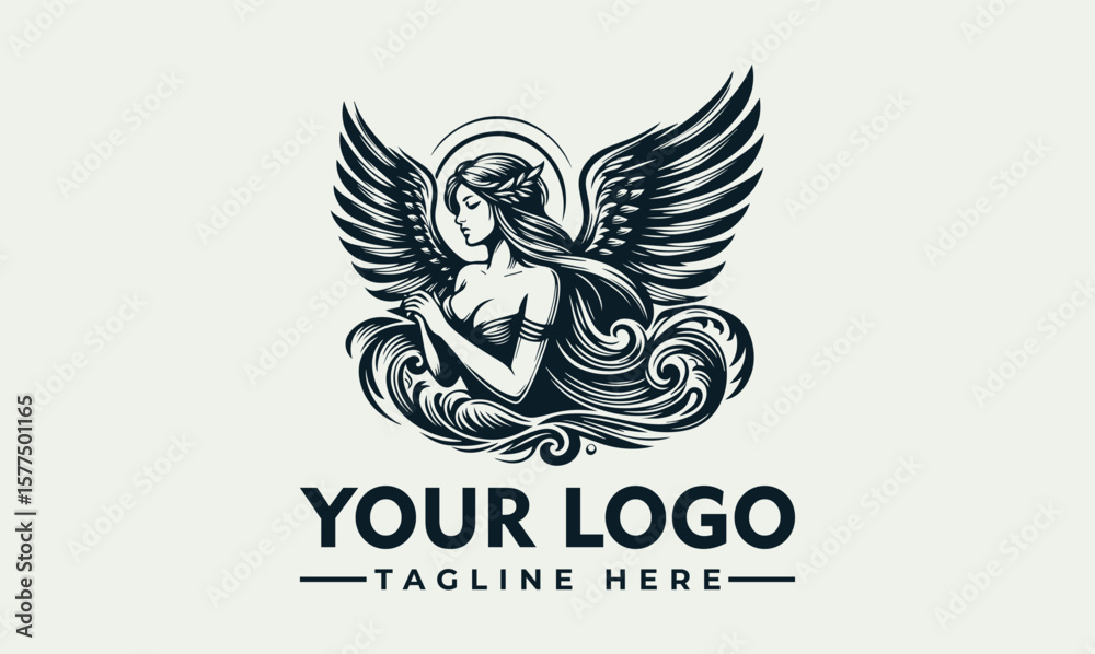 Fototapeta premium Elegant angel logo design, dark monochrome style, flowing hair, large wings, circular frame.
