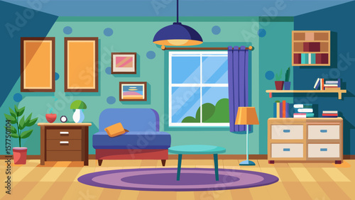 Cozy living room interior with blue sofa coffee table and window view