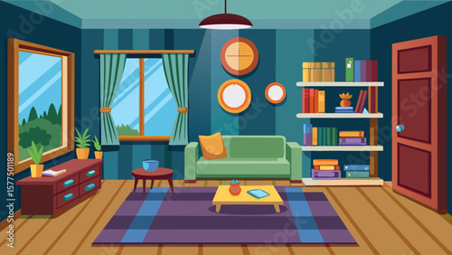 Cozy living room with sofa bookshelf and window view illustration