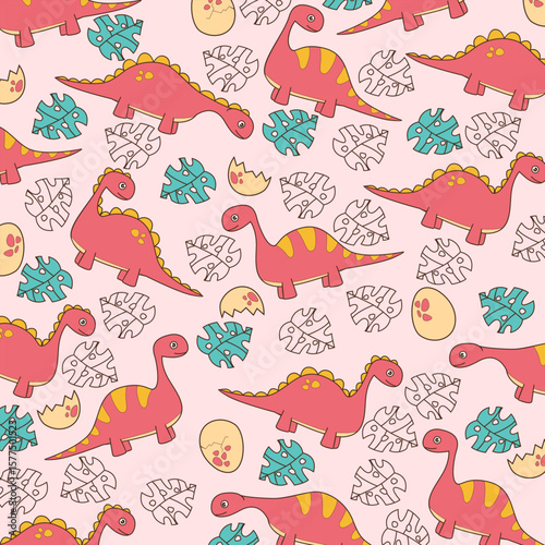 dinosaur brontosaurus pink seamless background vector design cartoon for kids apparel fullprint