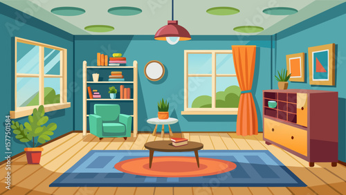 Cozy living room interior with armchair bookshelf and coffee table