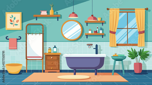 Cozy modern bathroom interior with bathtub mirror window and plants