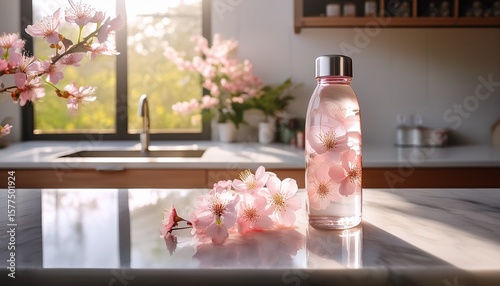 cherry blossom infused water bottle on marble counter in sunlit kitchen
