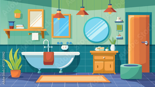 Modern bathroom interior with bathtub vanity mirrors and door in flat design