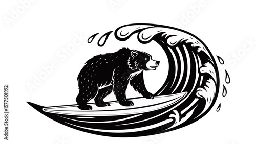 Bear silhouette vector illustration showing a bear diving from a diving board into a river, bold black shape in motion for wildlife design, outdoor logo, or fun nature artwork