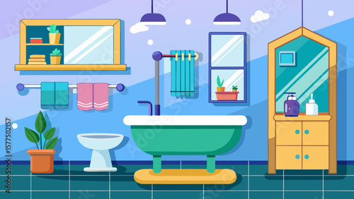 Modern flat design bathroom interior with bathtub toilet sink and mirror