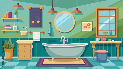 Cozy and stylish cartoon bathroom interior with bathtub and window