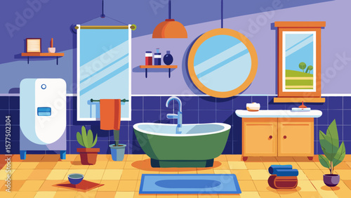 Modern flat design bathroom interior with bathtub sink and mirrors