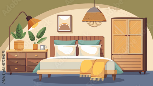 Cozy bedroom interior with bed dresser wardrobe and plants