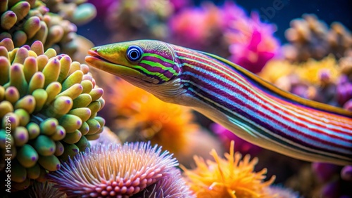 Fototapeta Naklejka Na Ścianę i Meble -  Striped marine creature swimming amidst vibrant coral reef, a colorful underwater scene
