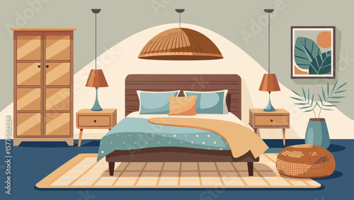 Cozy bedroom interior with a bed wardrobe nightstand and decorative elements