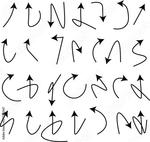 Whimsical Hand-Drawn Arrows: A set of hand-drawn arrows in various orientations and looping designs pointing up, down, and sideways with clean style