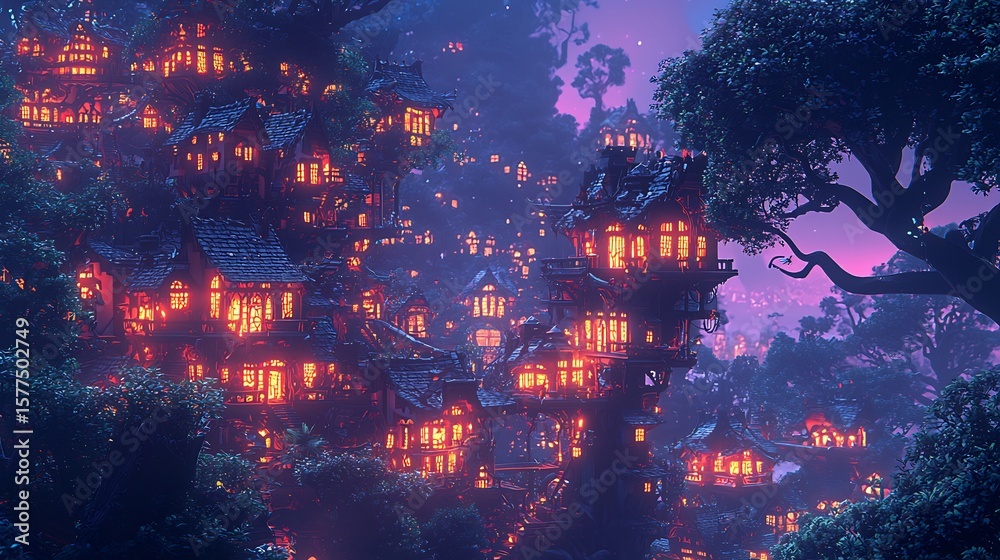 Fototapeta premium Enchanting treehouse village nestled in a lush forest illuminated by warm light