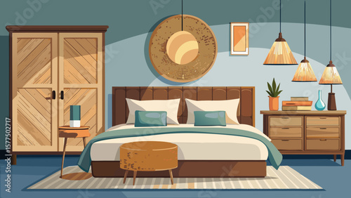 Cozy bedroom with a large bed wooden wardrobe and decorative wall hanging