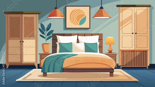 Cozy bedroom interior with bed wardrobes bedside table and artwork