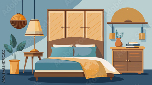 Cozy bedroom interior with a bed nightstand lamp and plant