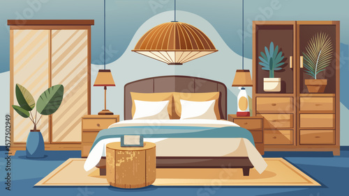 Cozy bedroom interior with a bed nightstands lamps and wardrobes