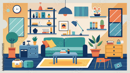 Cozy modern living room interior with sofa shelves plants and decor