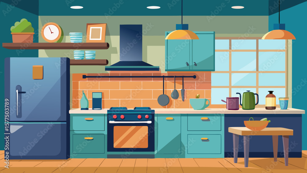 Fototapeta premium Modern kitchen interior with blue cabinets refrigerator stove and window