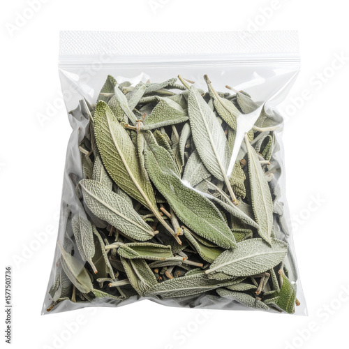 Dried sage leaves in clear plastic bag