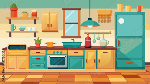 Cozy cartoon kitchen with teal cabinets oven sink and refrigerator